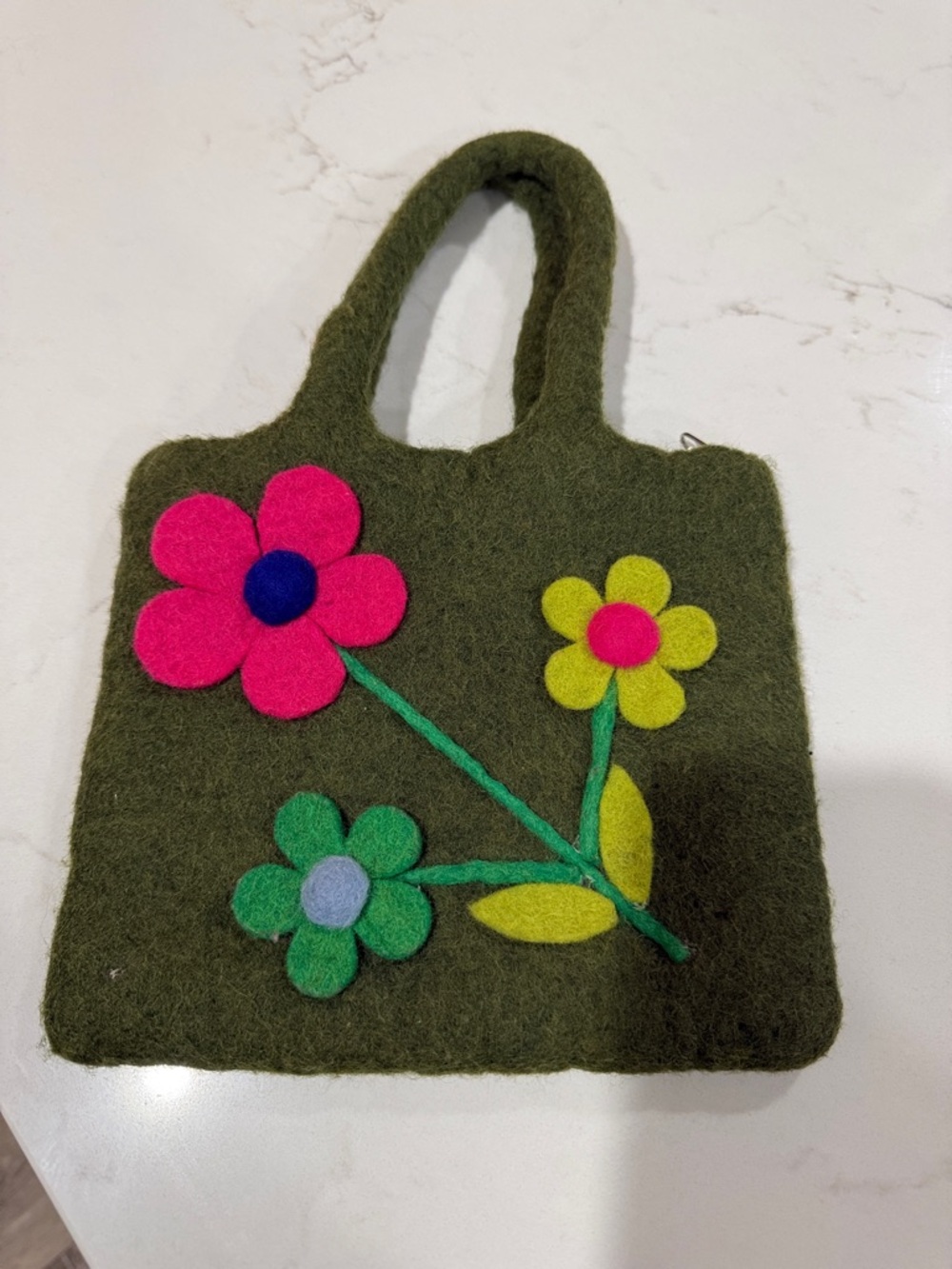 Hand Crafted Olive Green Felt Tote with Bright Floral Appliqués
